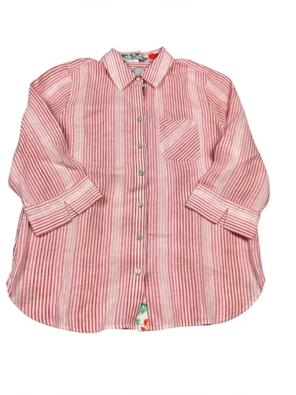 Chicos No Iron Linen Button Down Shirt Striped Coastal Casual 3/4 Sleeve Top 0 S